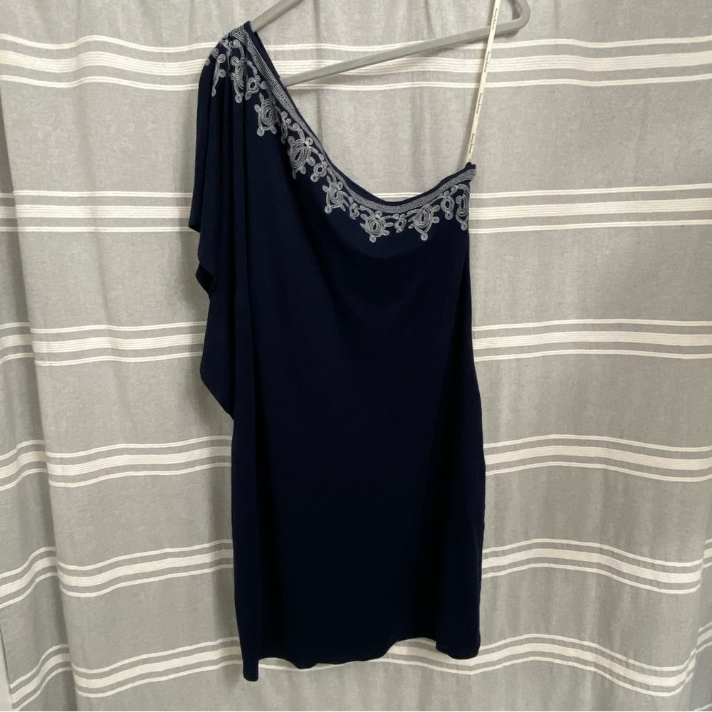 TOMMY BAHAMA / Lovelin One-Shoulder Linen Blend Dress Embroidery Detail Size L - Picture 2 of 12